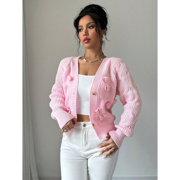 Women's Cropped Knit Cardigan Pink Large Button Open Front Cozy Sweater - Picture 7 of 8